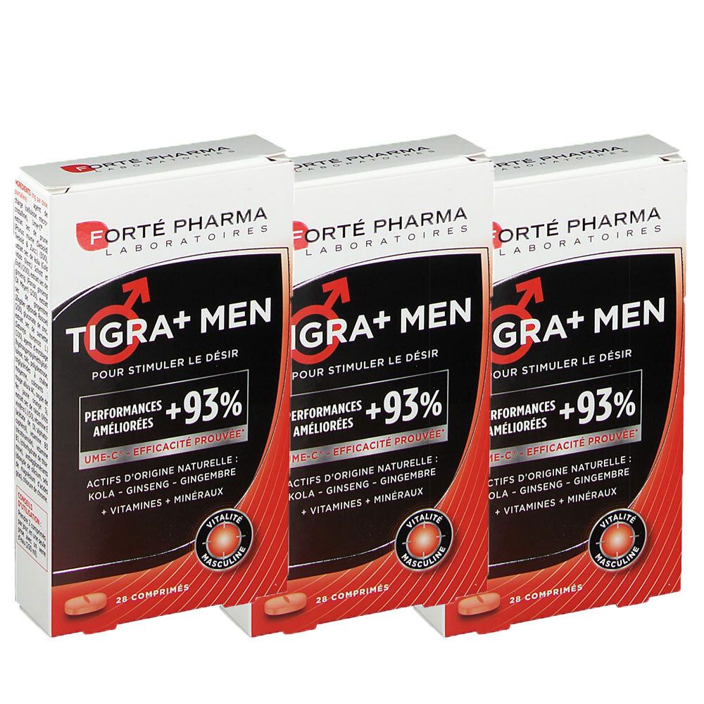 Trois boîtes de Tigra+ Men. Face avant noire avec texte blanc. Contient 28 comprimés. Marque : Forté Pharma.