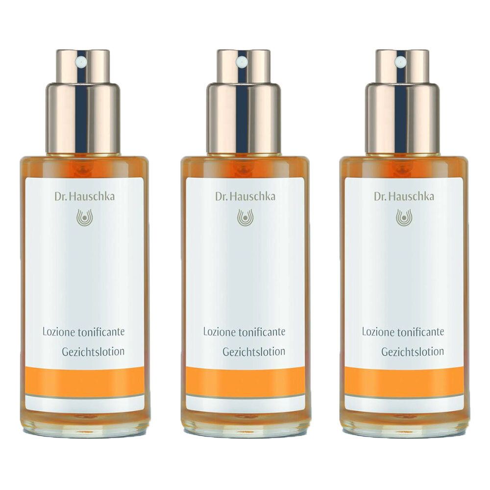 Trois flacons avec vaporisateur. Inscription: Dr. Hauschka, Lozione tonificante, Gezichtslotion. Bande orange.