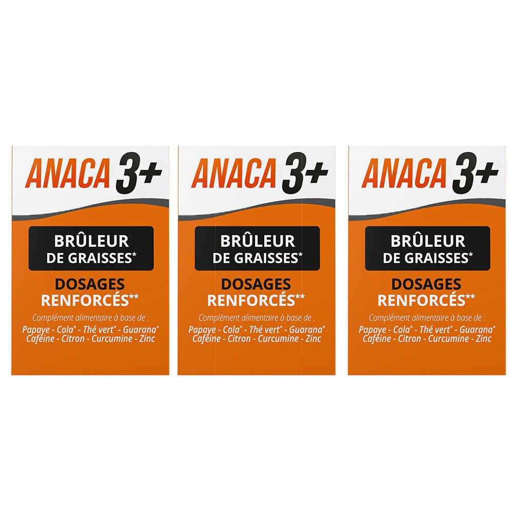 Trois boîtes de compléments alimentaires ANACA 3+ Brûleur de graisses. Inscriptions en orange et noir sur fond blanc.