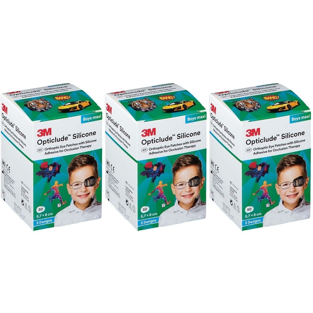 Trois boîtes de pansements oculaires en silicone 3M Opticlude. Chaque boîte montre un enfant avec un cache-œil et contient 10 pansements, 5,7 x 8 cm.
