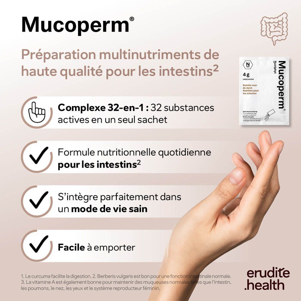 Une main tient un sachet Mucoperm®. Texte sur 32 nutriments et mode de vie sain.