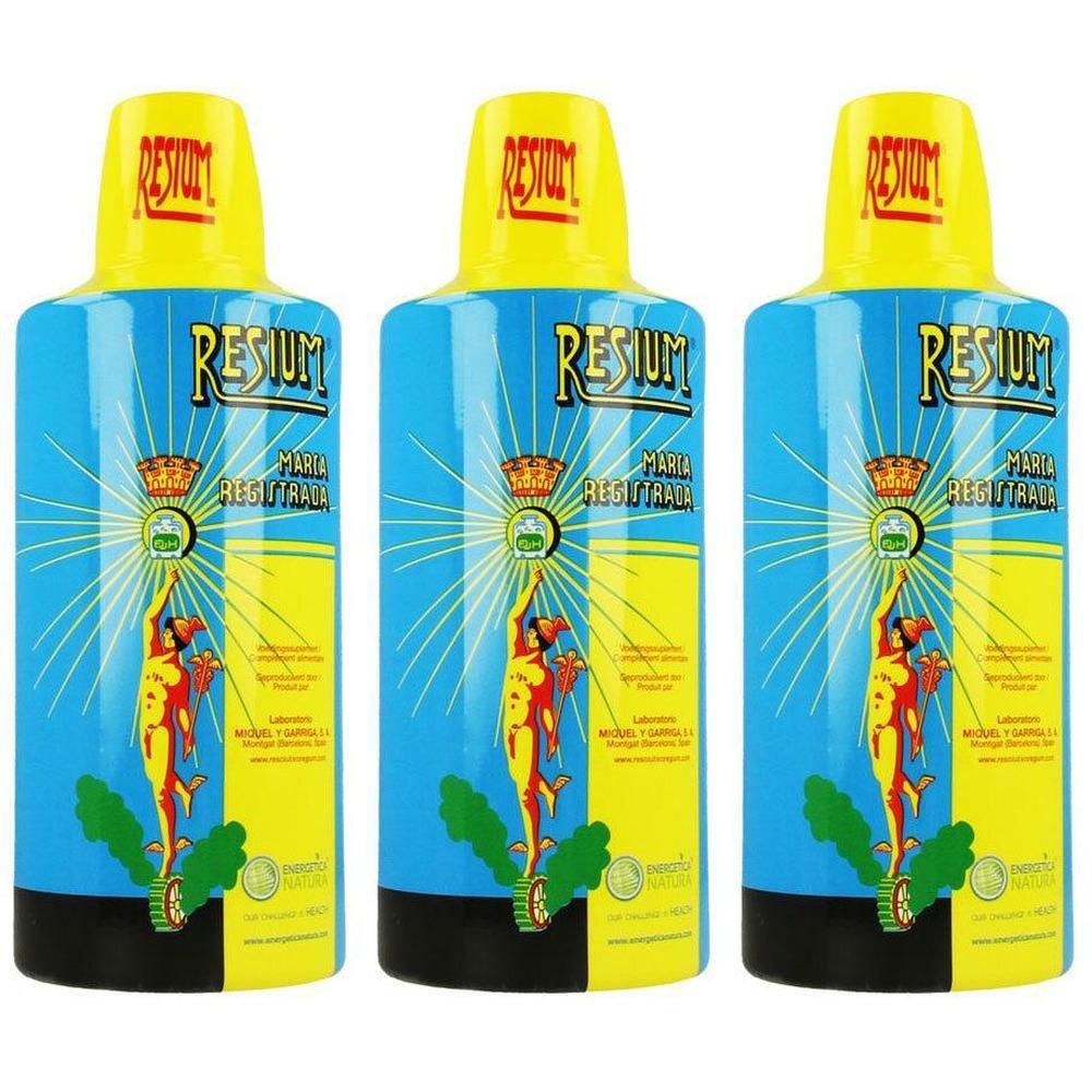 Trois bouteilles jaunes avec étiquette bleue et inscription RESIUM.