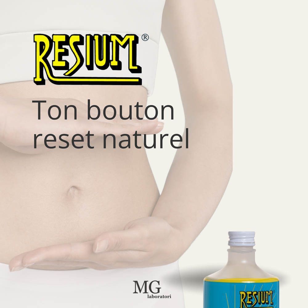 Ventre d'une femme avec une bouteille RESIUM et texte 'Ton bouton reset naturel'.