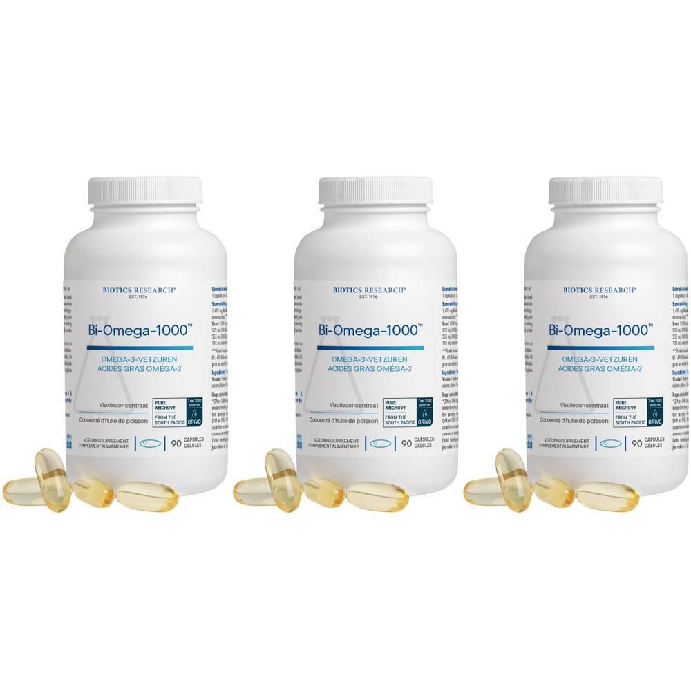 Trois bouteilles blanches Biotics Research Bi-Omega-1000 avec 90 gélules et trois gélules à côté.