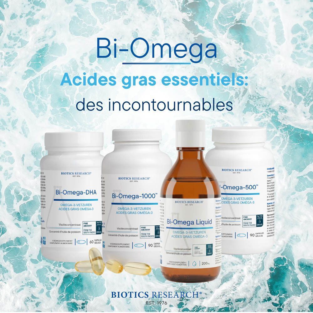 Bouteille Biotics Research Bi-Omega-1000 de 90 gélules, entourée d'un banc de poissons.