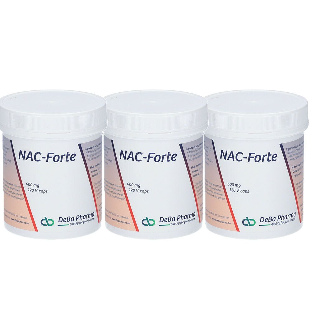 Trois pots blancs avec couvercles. Inscription: NAC-Forte, 600 mg, 120 V-caps. Logo DeBa Pharma.