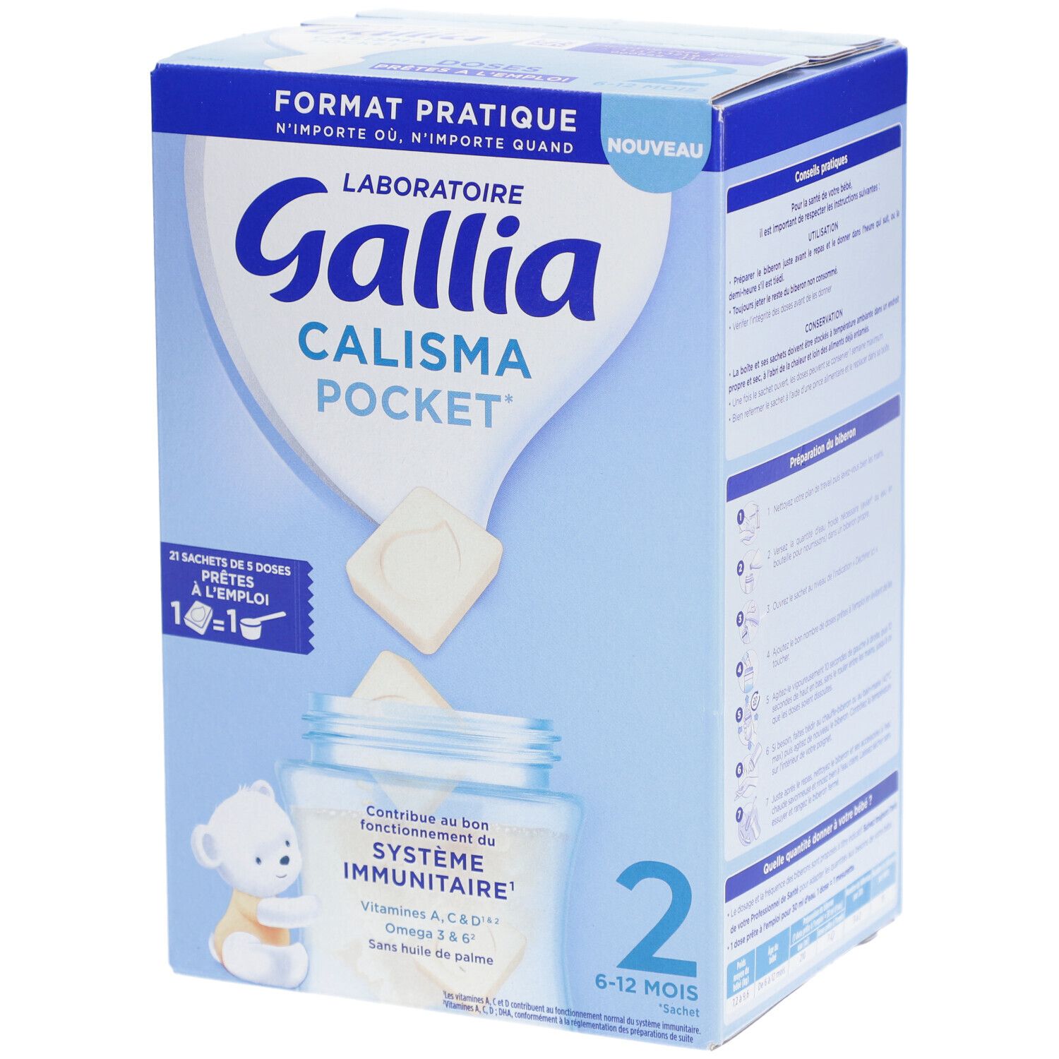 Boîte bleue et blanche. Inscription: Gallia Calisma Pocket 2. Contient 21 sachets. Pour bébés de 6-12 mois.