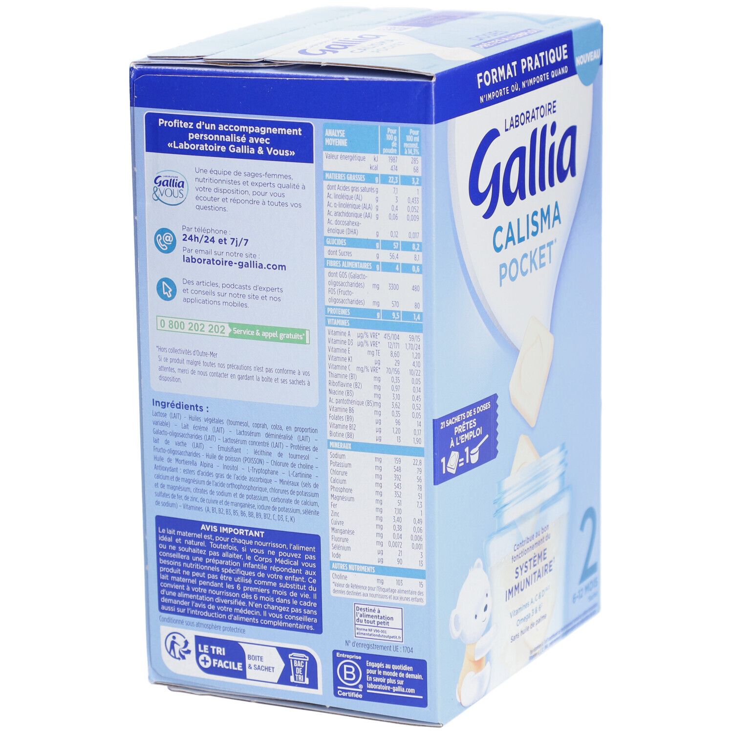 Dos de la boîte. Contient des informations sur les ingrédients, les valeurs nutritionnelles et les coordonnées.