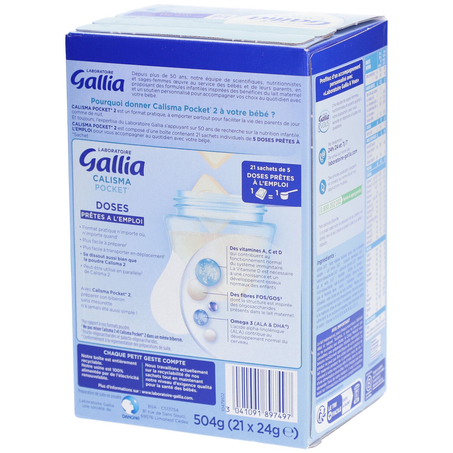 Dos de la boîte. Contient des informations sur les ingrédients, les valeurs nutritionnelles et les coordonnées.