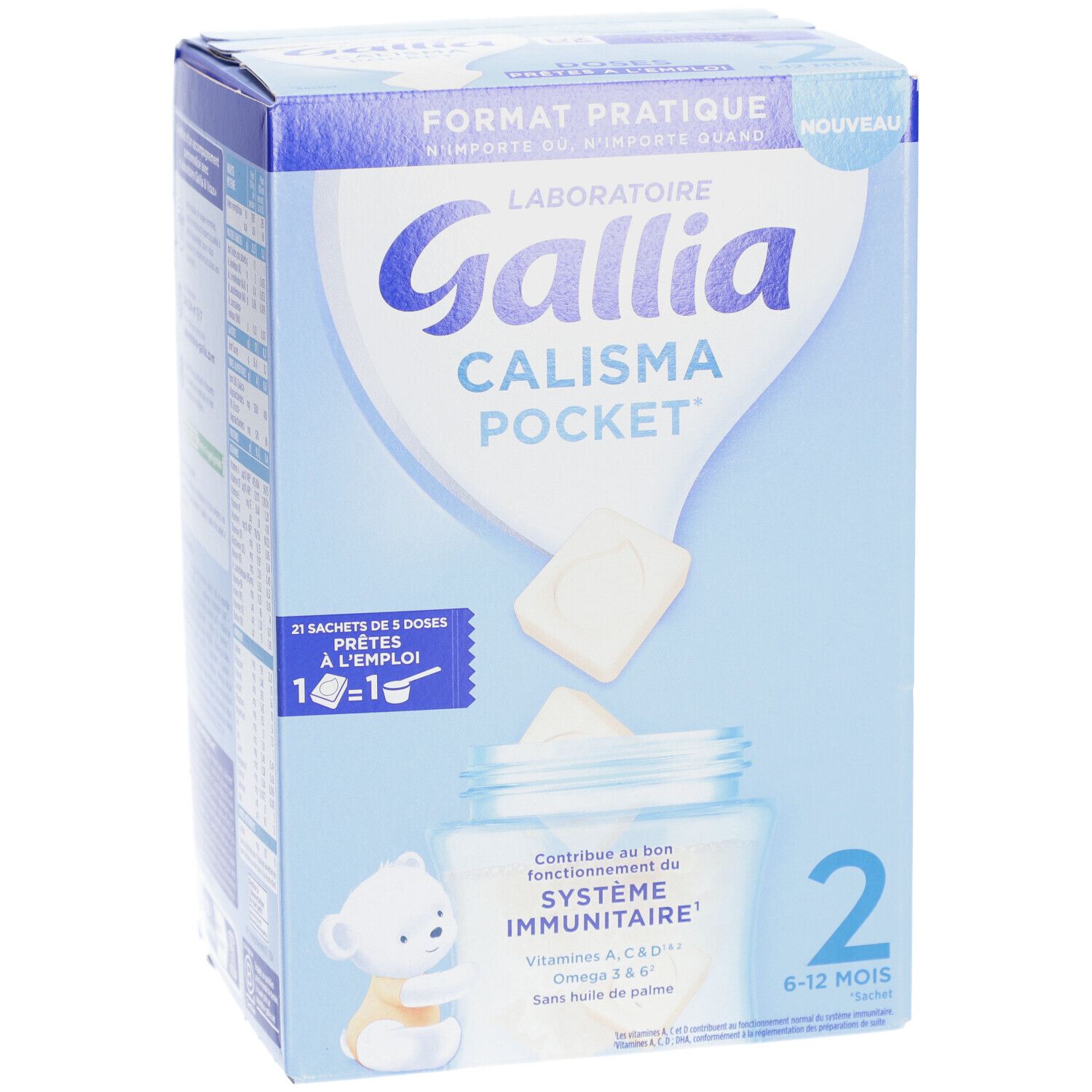 Boîte bleue et blanche. Inscription: Gallia Calisma Pocket 2. Contient 21 sachets. Pour bébés de 6-12 mois.