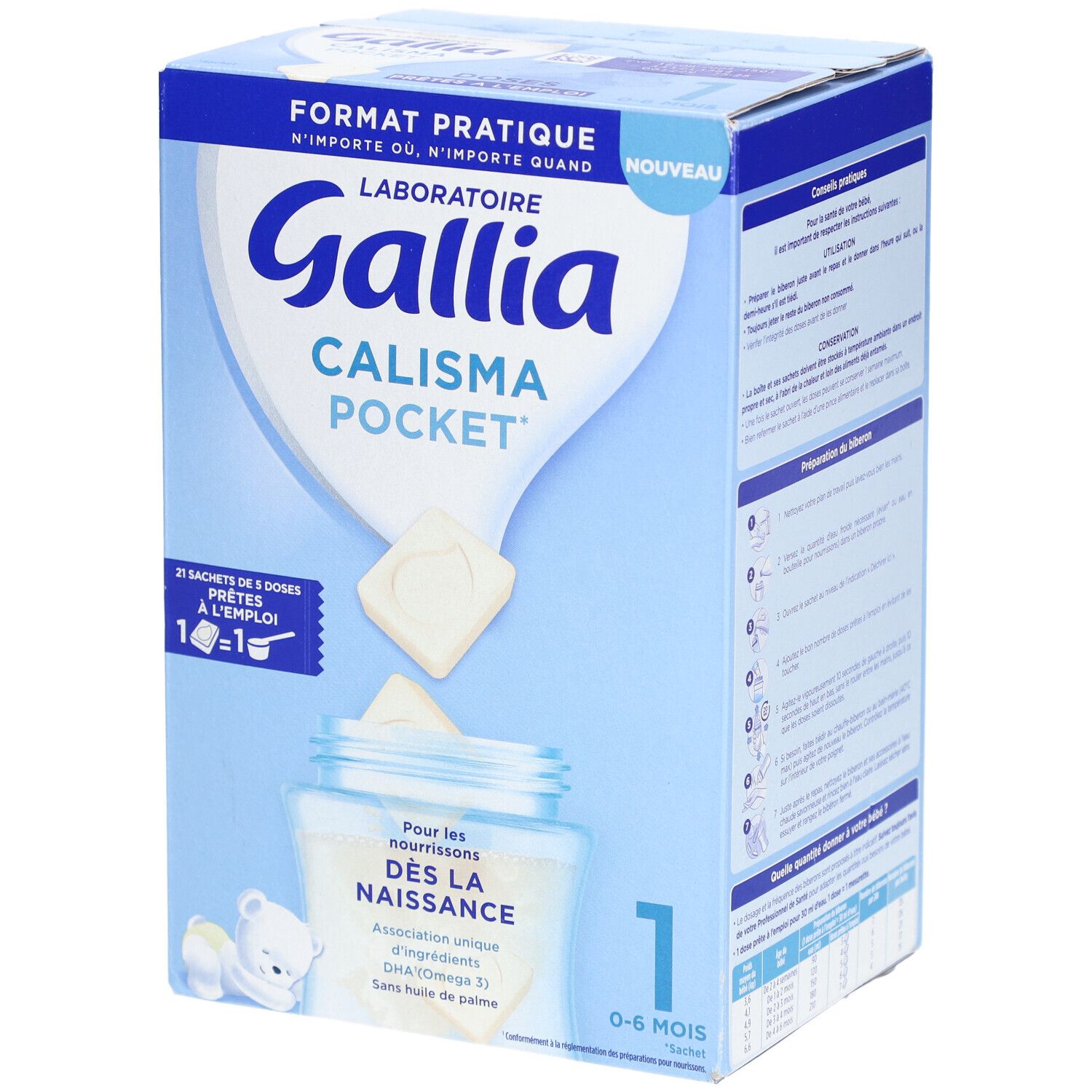 Boîte en carton bleu et blanc Gallia Calisma Pocket. Contient 21 sachets. Texte: Dès la naissance, 0-6 mois.