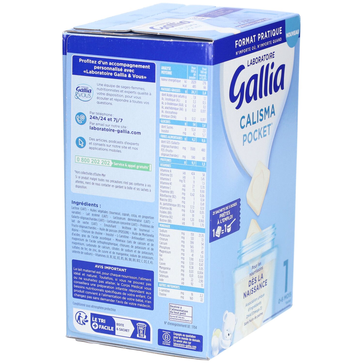 Dos de la boîte en carton. Contient des informations sur les ingrédients, les valeurs nutritionnelles et les coordonnées.