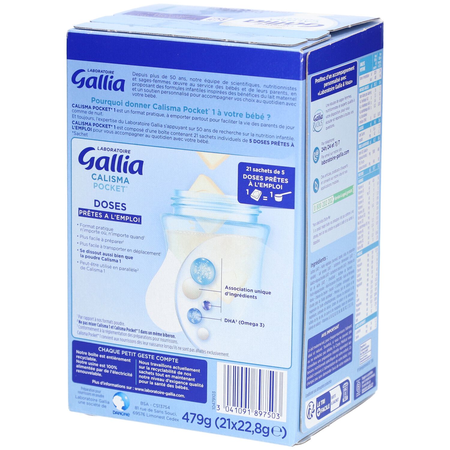 Vue latérale de la boîte en carton. Contient des informations sur les ingrédients, les valeurs nutritionnelles et les coordonnées.