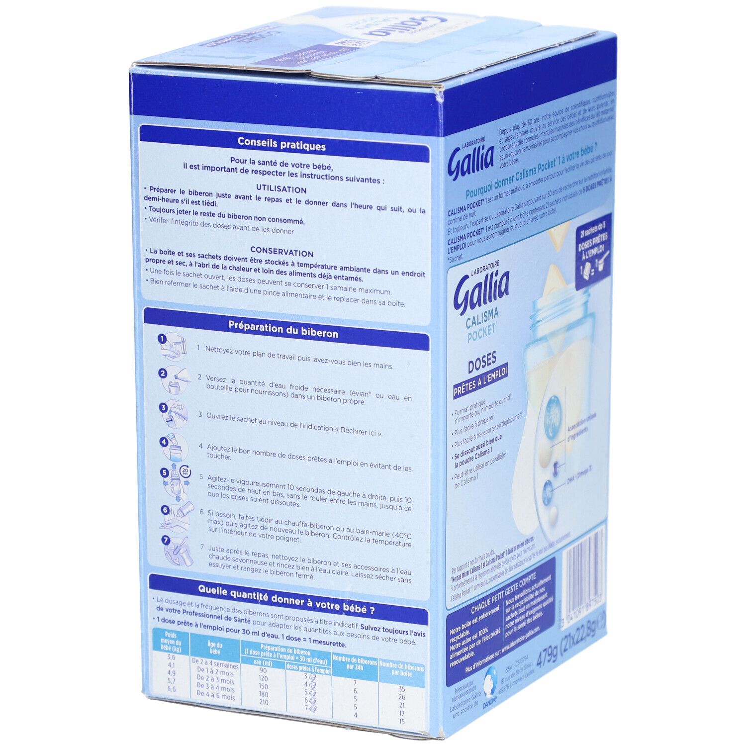 Vue latérale de la boîte en carton avec des informations sur la préparation et le dosage.