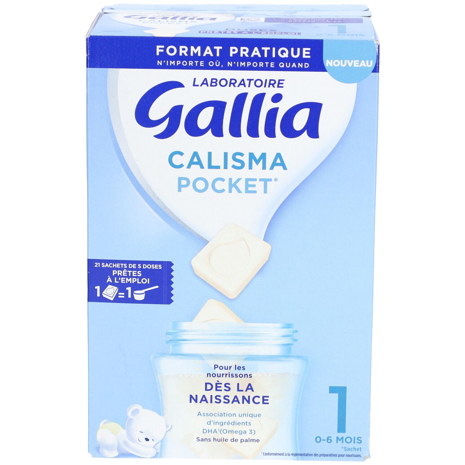 Vue de face de la boîte en carton. Gallia Calisma Pocket, 21 sachets, 0-6 mois.