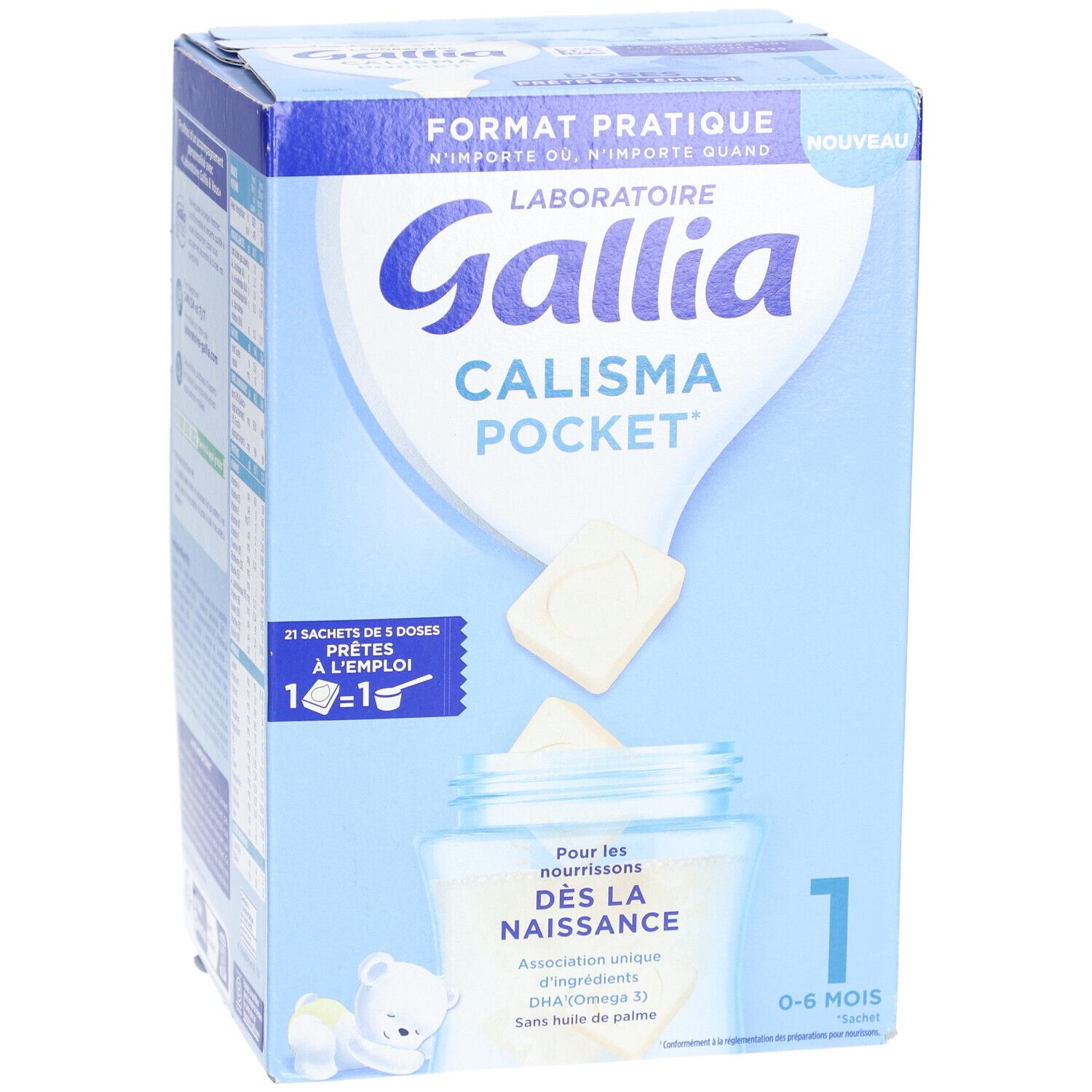 Vue de face de la boîte en carton. Gallia Calisma Pocket, 21 sachets, 0-6 mois.