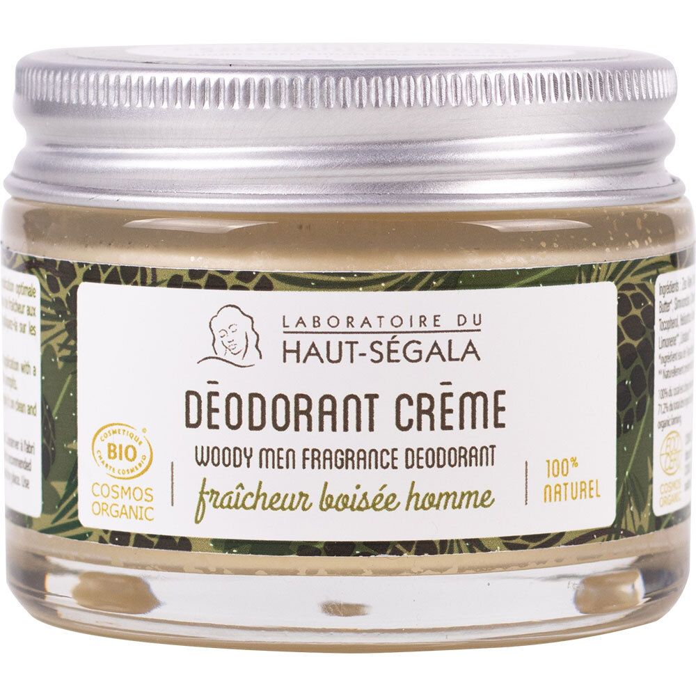 Pot de crème déodorante. Inscriptions: LABORATOIRE DU HAUT-SÉGALA, DÉODORANT CRÈME, BIO, 100% NATUREL.
