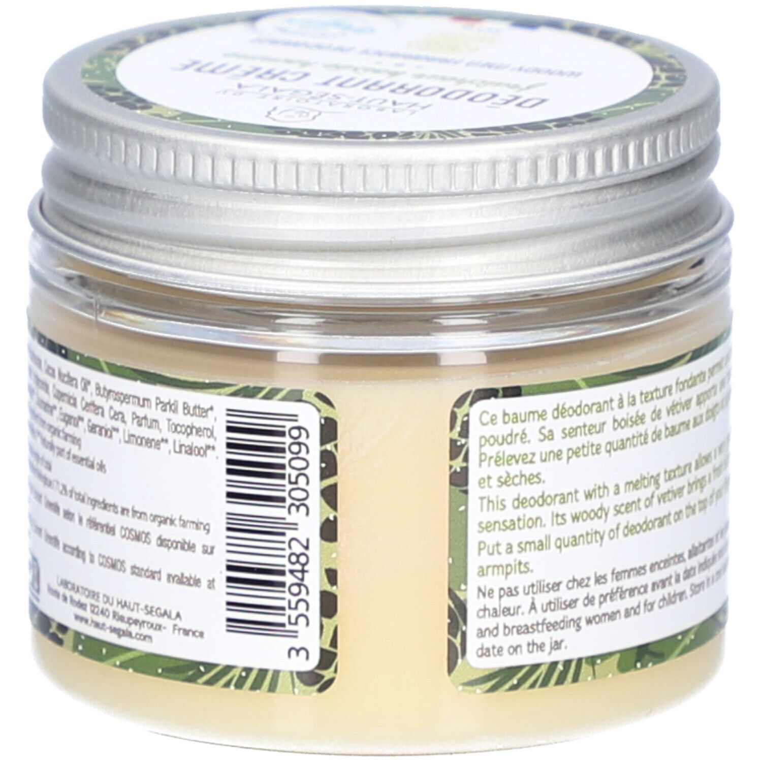 Pot de crème déodorante, dos avec texte. Inscriptions: BIO, COSMOS ORGANIC.