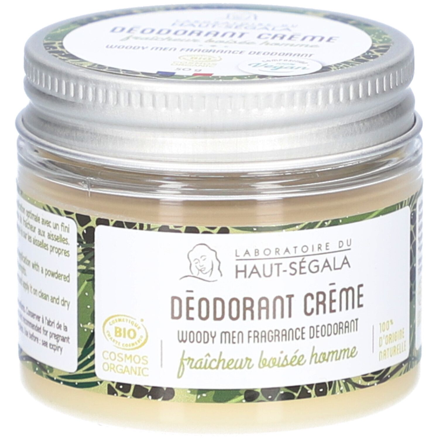 Pot de crème déodorante. Inscriptions: LABORATOIRE DU HAUT-SÉGALA, DÉODORANT CRÈME, BIO, 100% D'ORIGINE NATURELLE.