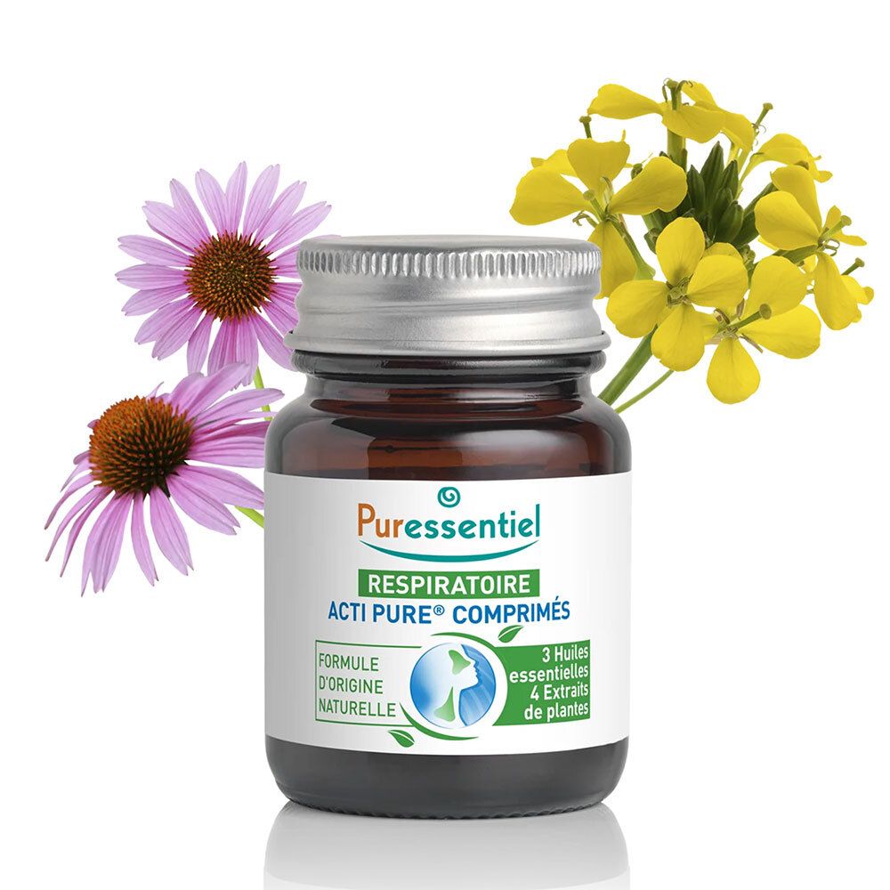 Flacon PURESSENTIEL Respiratoire Acti Pure® Comprimés. Inscription : Formule d'origine naturelle. Avec des fleurs.