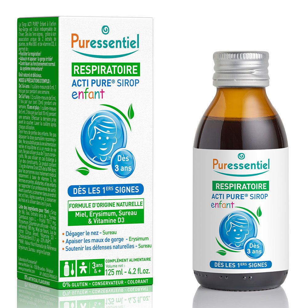 Flacon et boîte de sirop brun. Inscription: Puresentiel Respiratoire Acti Pure sirop enfant. Dès 3 ans.