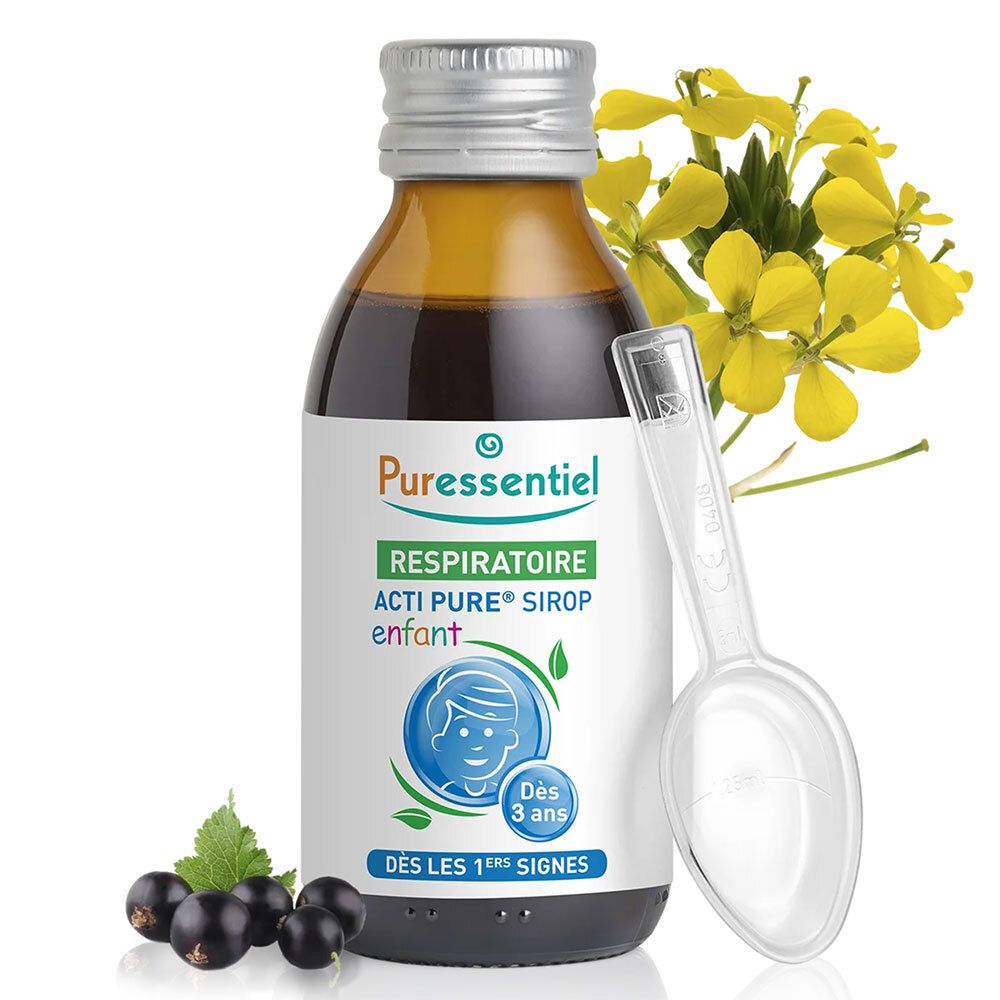 Flacon de liquide brun, cuillère et fleurs jaunes. Inscription: Puresentiel Respiratoire Acti Pure sirop enfant. Dès 3 ans.