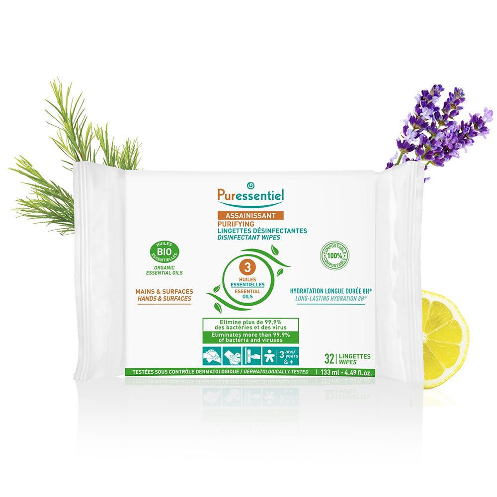 Paquet de lingettes désinfectantes Puressentiel. Emballage blanc avec herbes et citron. Contient 32 lingettes. Certification bio.