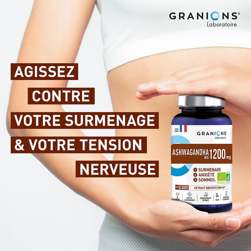 Femme tenant un flacon Ashwagandha. Texte: Agissez contre votre surmenage & votre tension nerveuse.