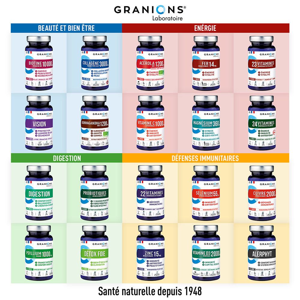 Étagère avec produits Granions. Biotine, Collagène, Acérola, Ashwagandha, Vitamine C, Magnésium.