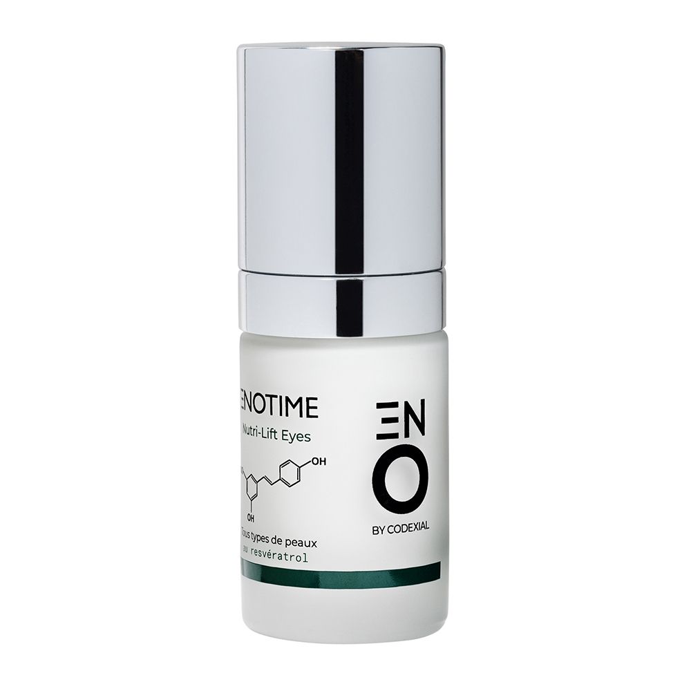 Petite bouteille blanche, bouchon argenté. Inscription: Enotime Nutri-Lift Eyes.