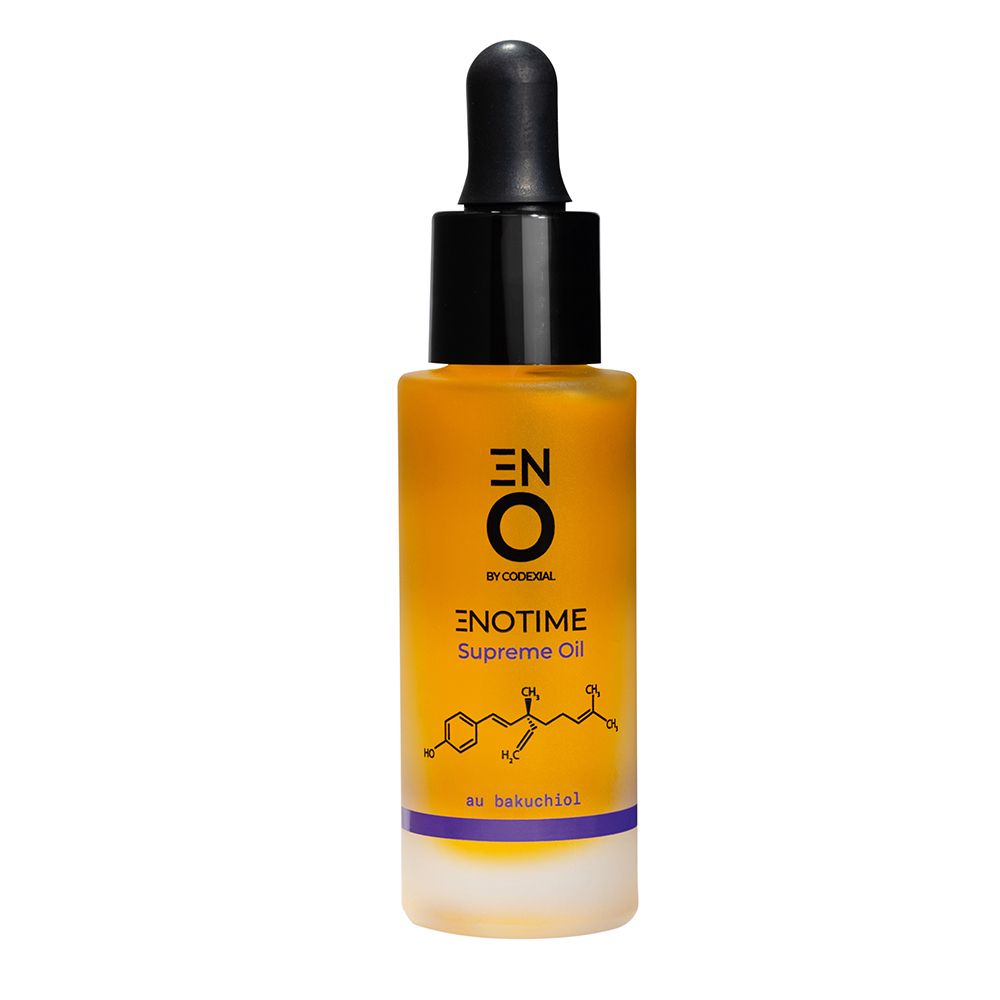 Flacon d'huile jaune avec pipette noire. Inscription : Enotime Supreme Oil, Bakuchiol.