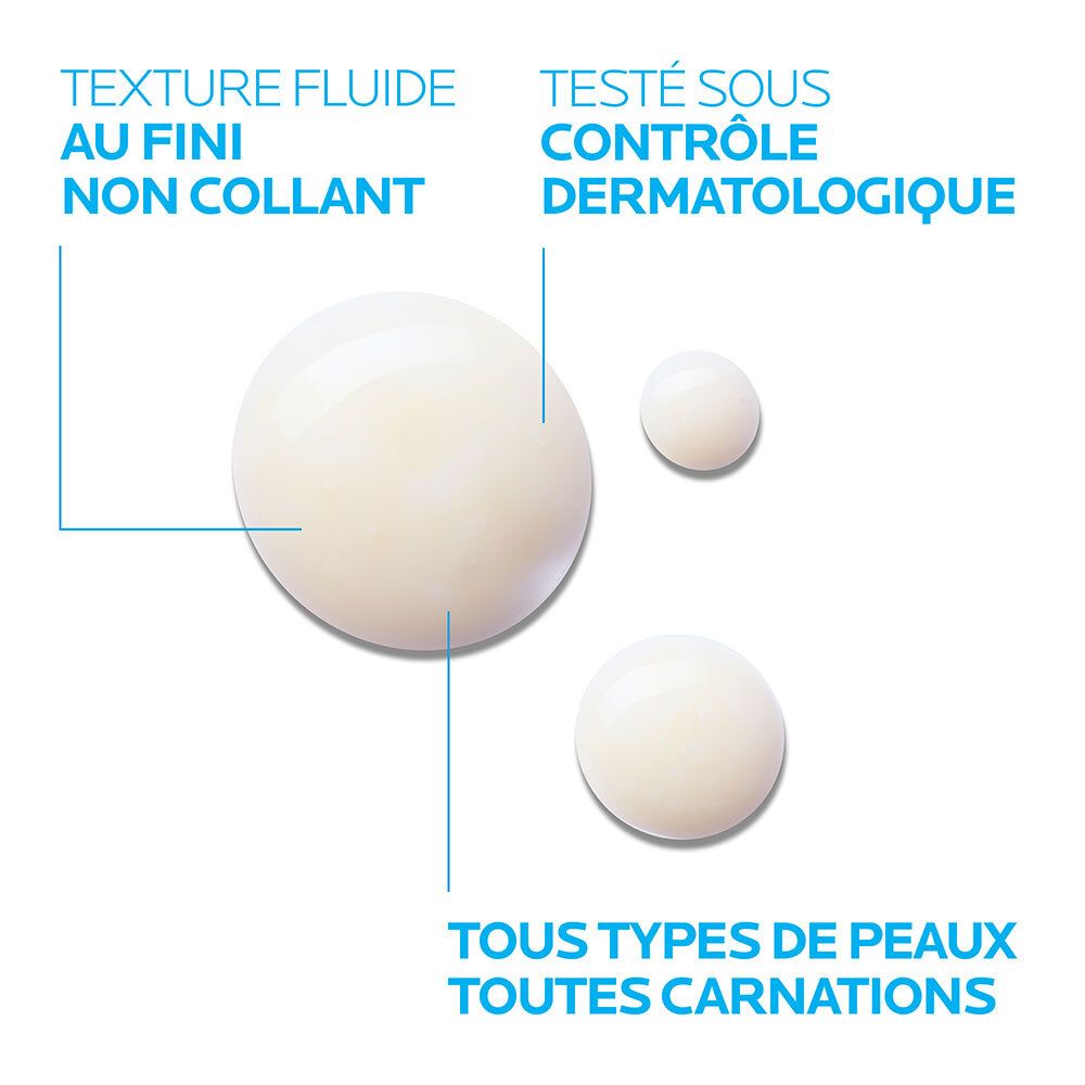 Trois gouttes de sérum. Texte : Texture fluide non collante. Testé sous contrôle dermatologique. Tous types de peaux.