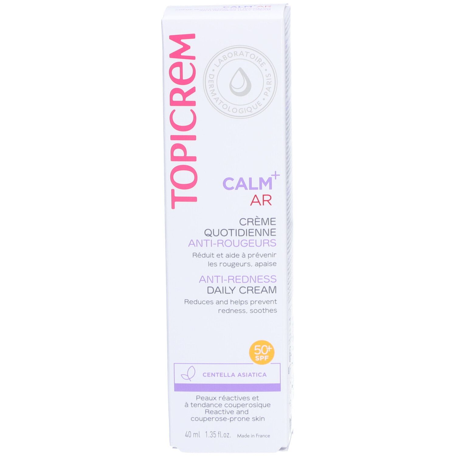 Emballage Topicrem Calm+ AR. Blanc, texte. Texte: Anti-Rougeurs, 50 SPF, 40ml.