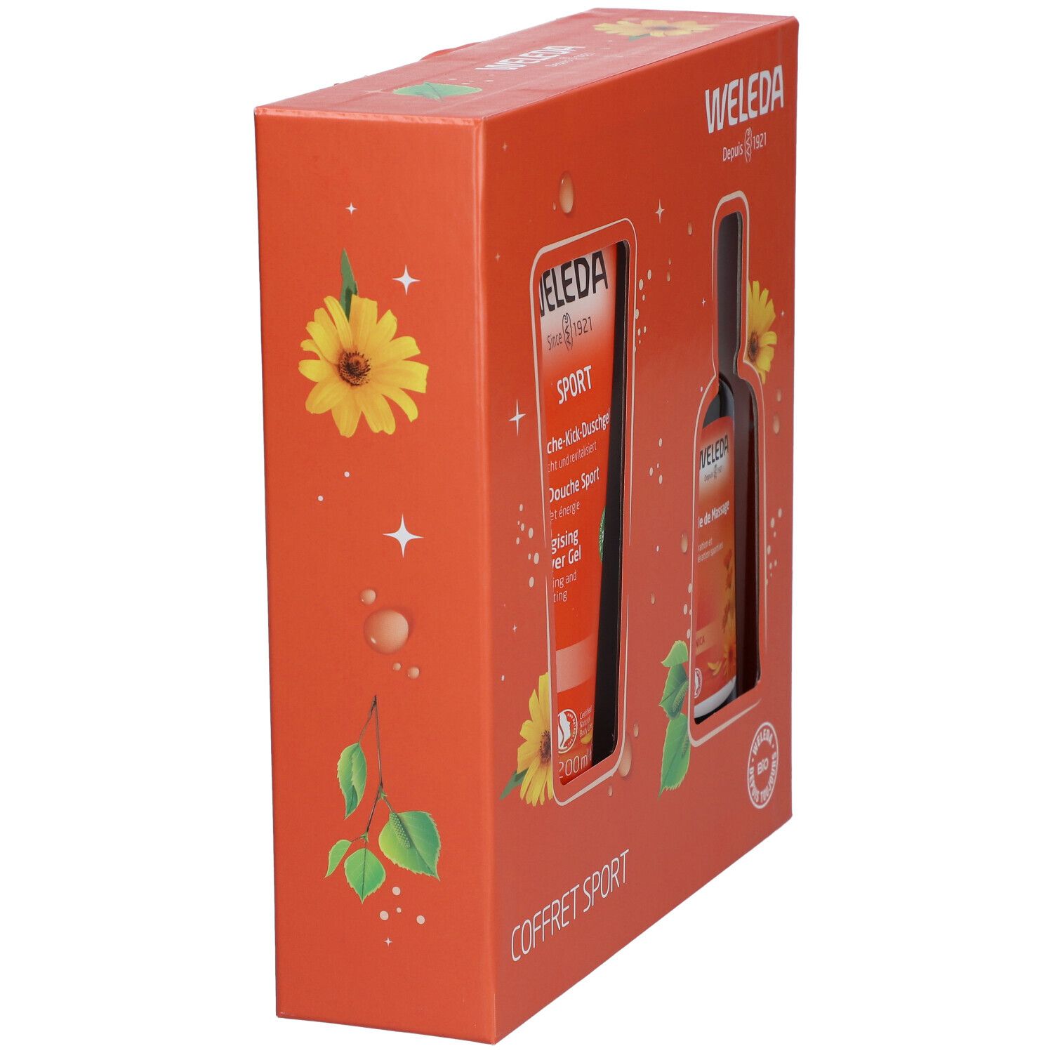 Vue latérale du coffret orange. Images des produits et logos. Inscription 'Coffret Sport'.