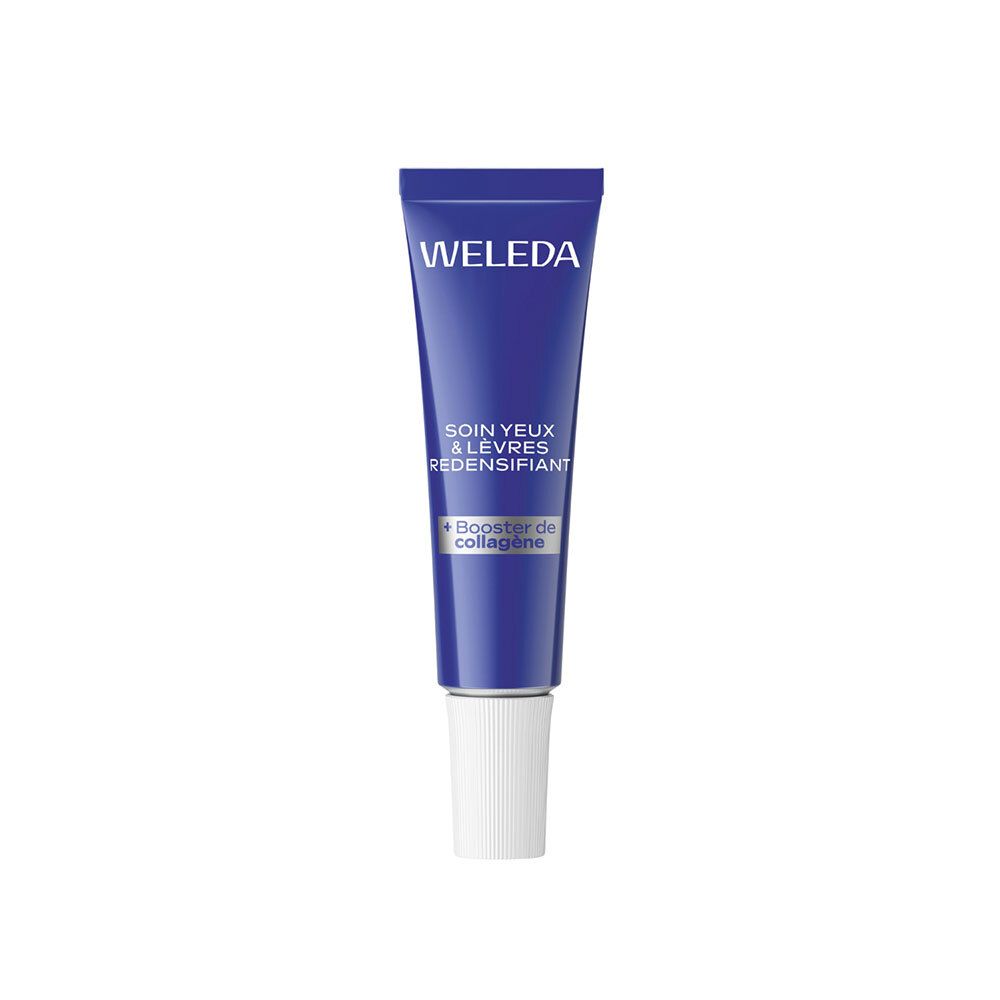 Tube bleu avec bouchon blanc. Inscription: WELEDA, SOIN YEUX & LÈVRES REDENSIFIANT, + Booster de collagène.