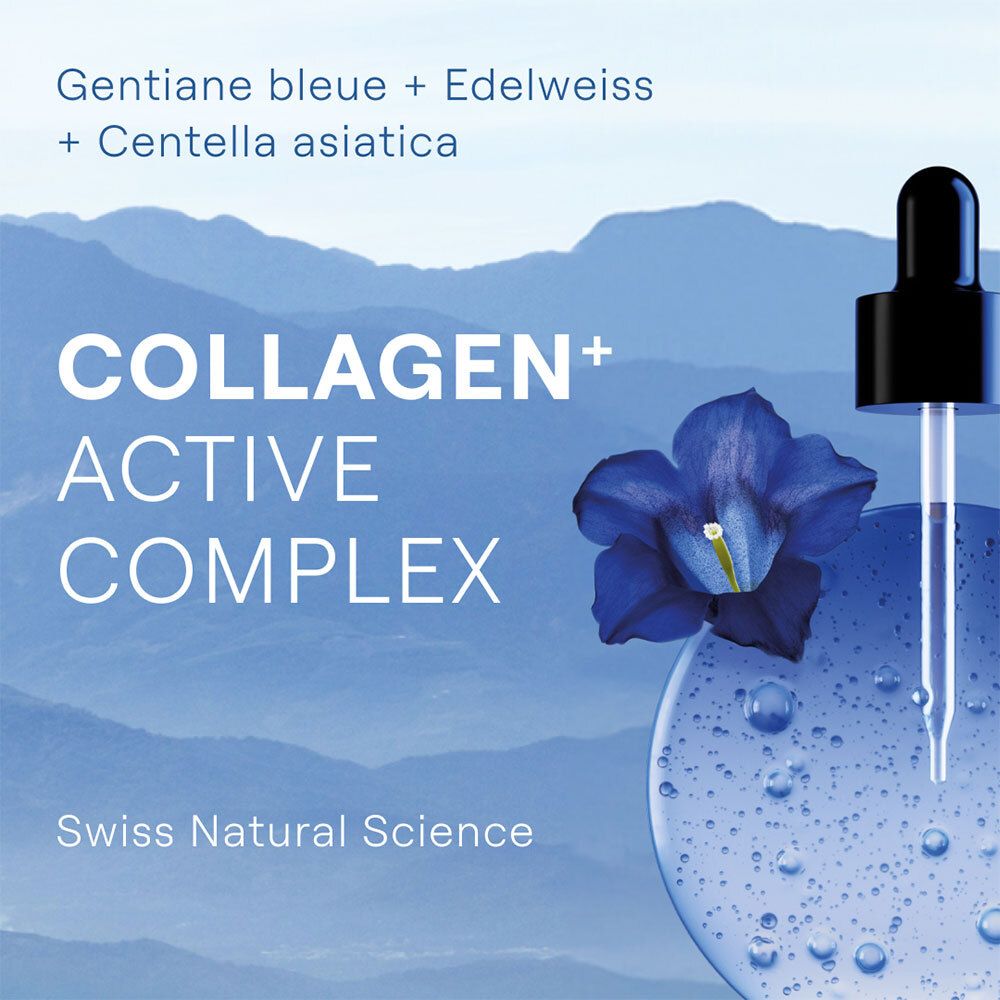 Fleur et gouttes. Texte: COLLAGEN+ ACTIVE COMPLEX. Ingrédients: Gentiane bleue + Edelweiss + Centella asiatica. Swiss Natural Science.