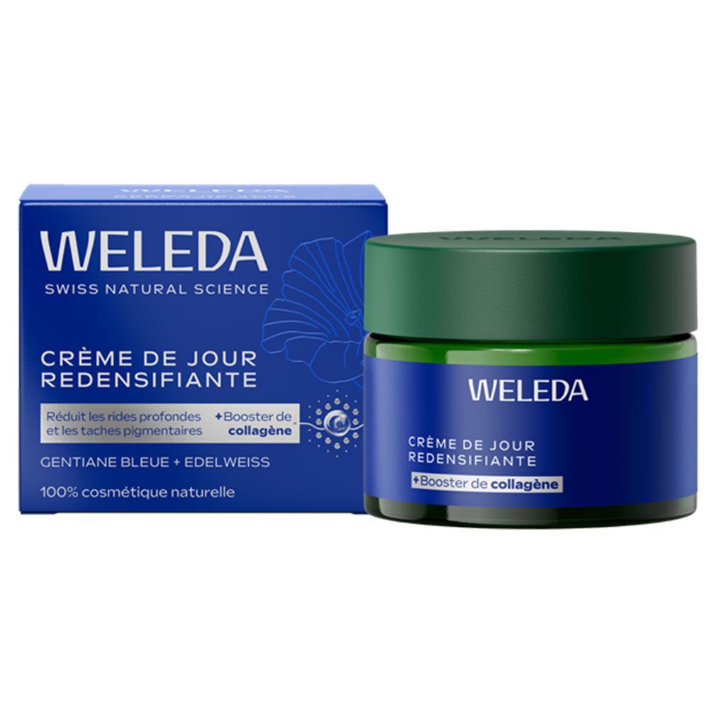 Produit et emballage côte à côte. Pot vert et boîte bleue. Texte: WELEDA, Crème de Jour redensifiante, Gentiane bleue + Edelweiss.