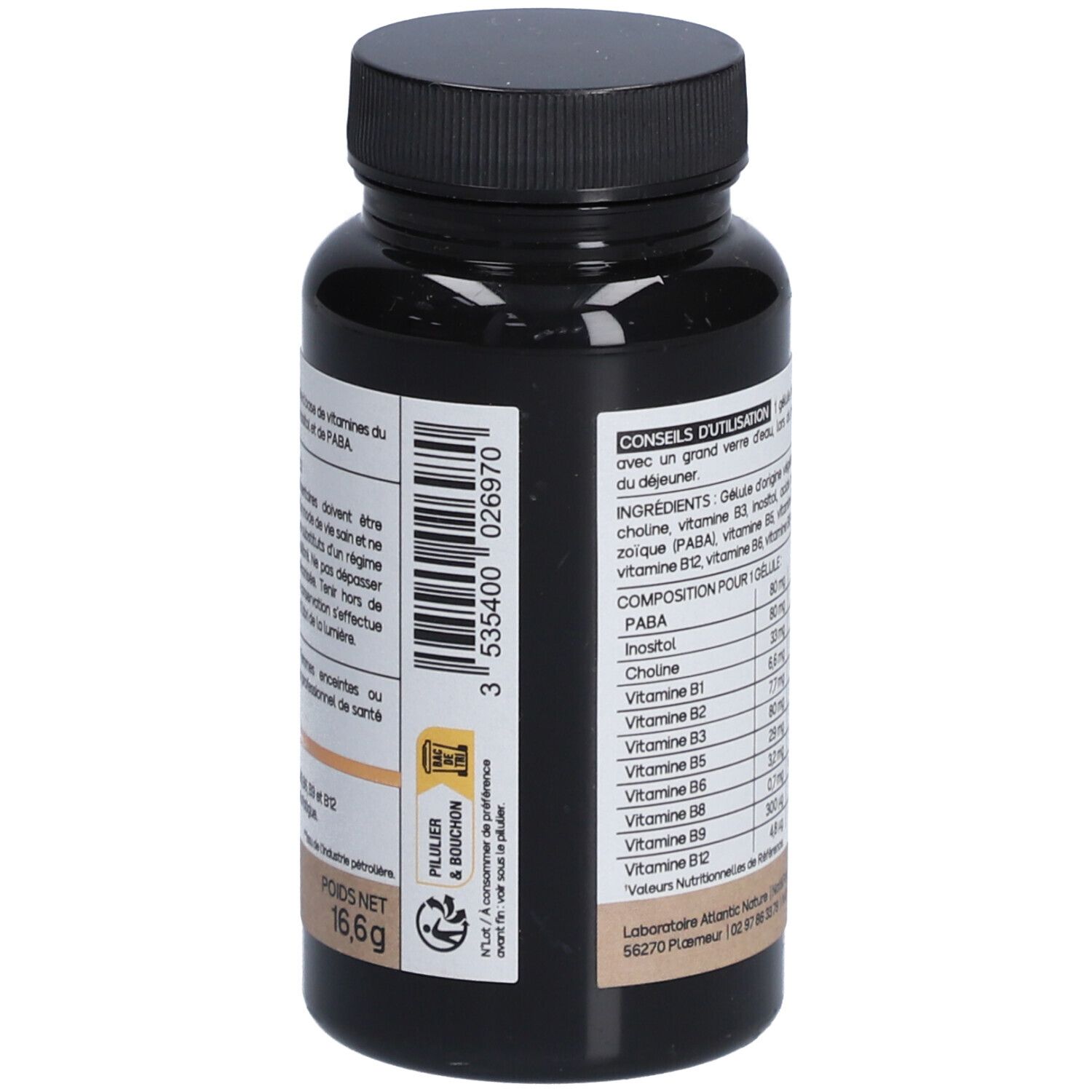 Flacon marron avec bouchon noir. Dos avec informations et code-barres.