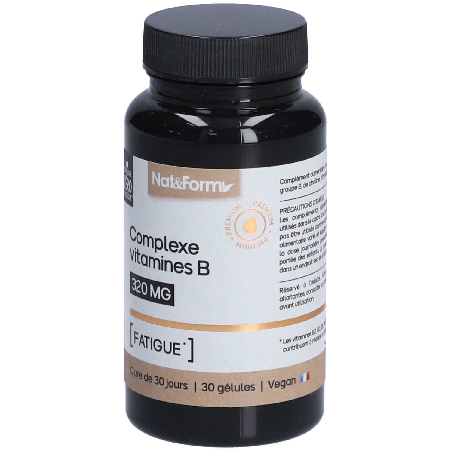 Flacon marron avec bouchon noir. Inscription: Complexe vitamines B, 320 MG, [FATIGUE].