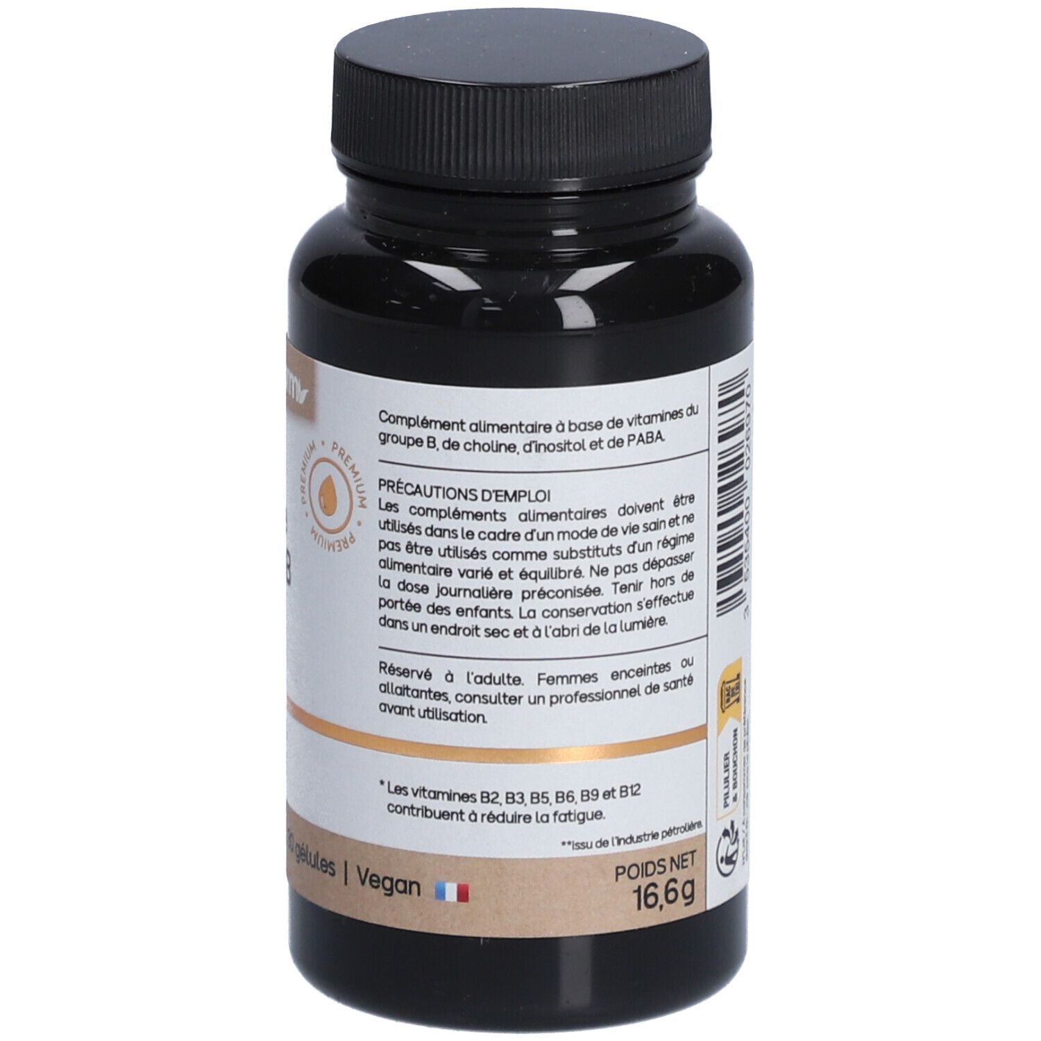 Flacon marron avec bouchon noir. Dos avec informations et avertissements.