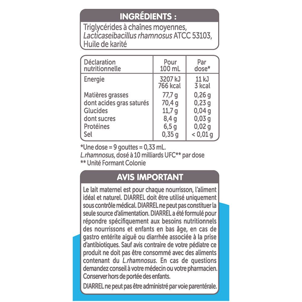 Dos de la boîte GUIGOZ® Pro Bébé DIARREL. Contient des informations sur les ingrédients et la valeur nutritionnelle.