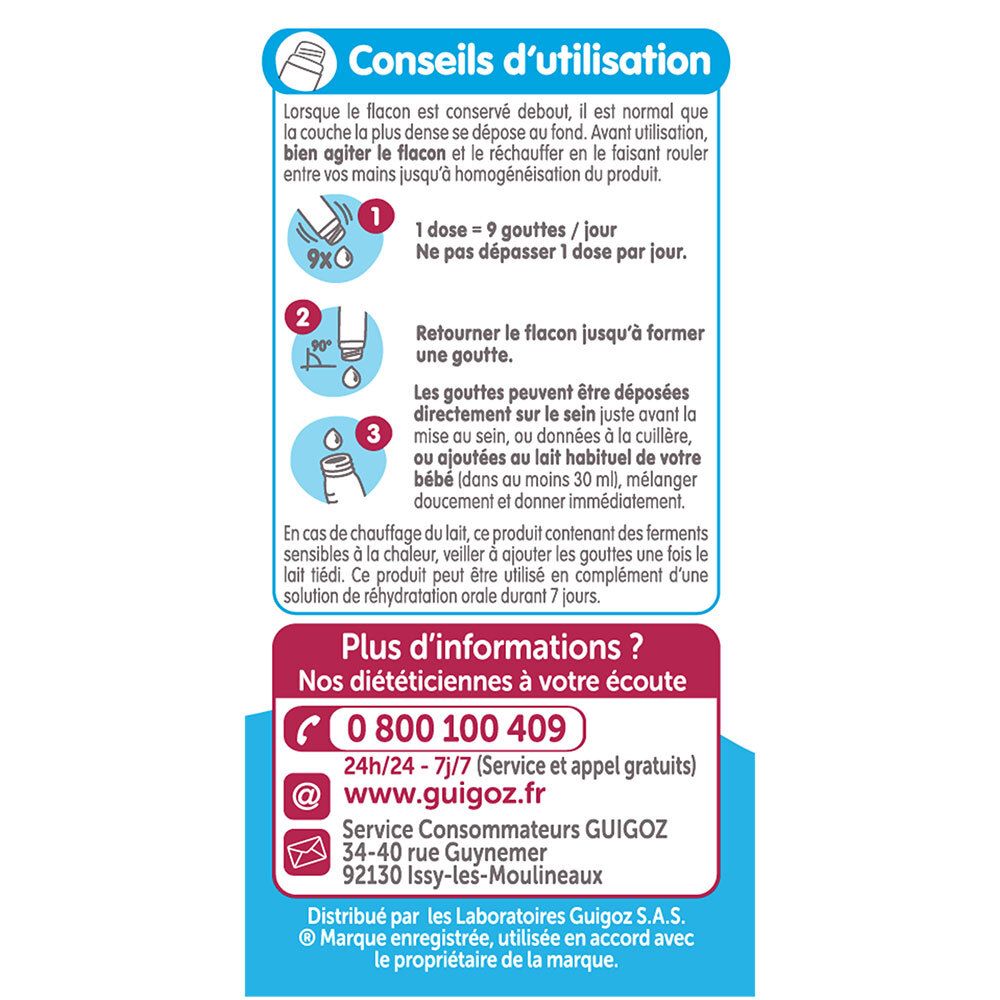 Dos de la boîte GUIGOZ® Pro Bébé DIARREL. Contient des instructions d'utilisation et des coordonnées.