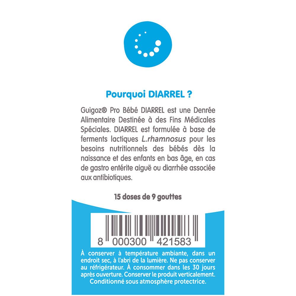 Dos de la boîte GUIGOZ® Pro Bébé DIARREL. Contient des informations sur l'utilisation et le stockage.