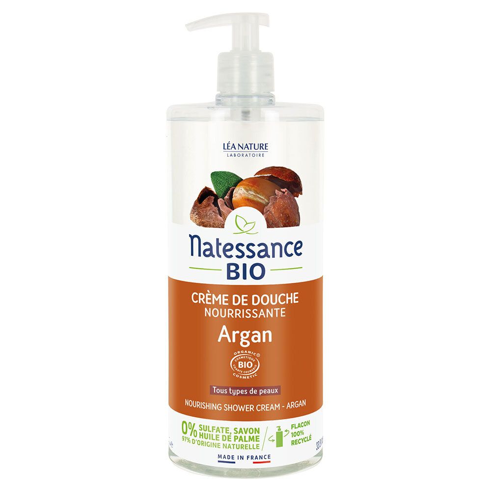 Flacon de crème de douche avec pompe. Inscription: Natessance BIO Crème de Douche Argan. Certification bio.