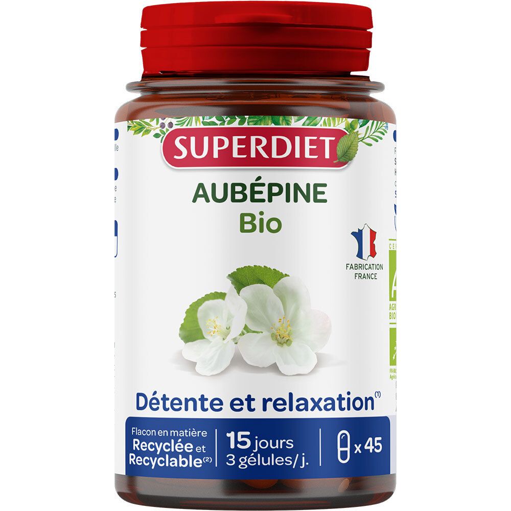 Flacon marron, bouchon rouge. Étiquette "SUPER DIET Aubépine Bio". 45 gélules. Fabrication française.