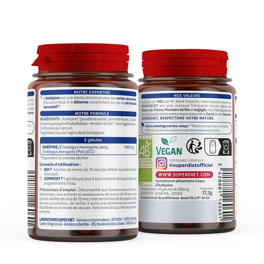 Dos du flacon. Ingrédients, conseils d'utilisation, informations nutritionnelles. Labels Bio, Vegan. Symbole de recyclage.