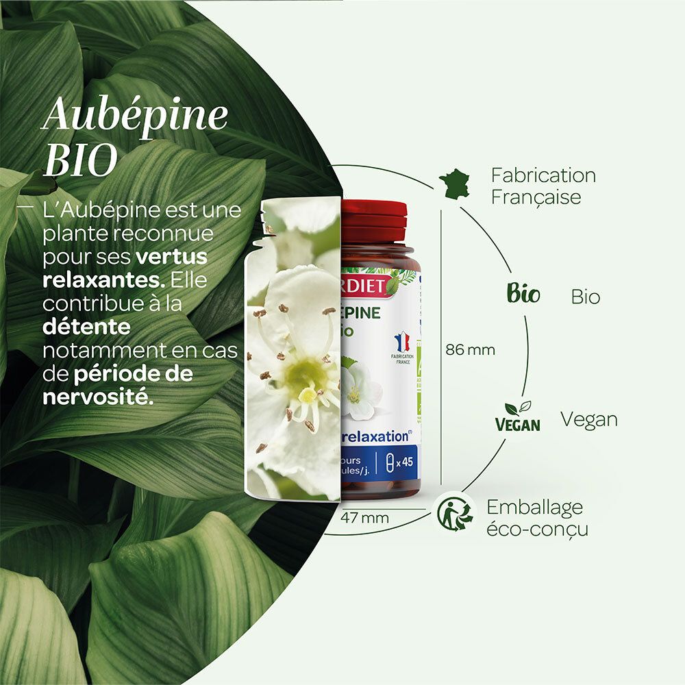 Flacon "SUPER DIET Aubépine Bio" et feuilles vertes. Fabrication française. Labels Bio et Vegan. Dimensions : 86x47mm.