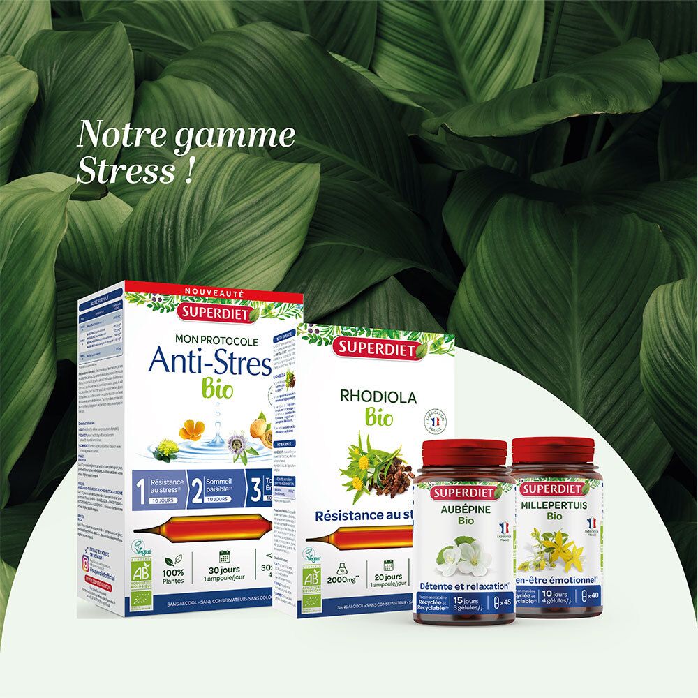 Trois produits : "Anti-Stress Bio", "Rhodiola Bio", "Aubépine Bio". Labels Bio. 30 jours, 2000mg, 15 jours.