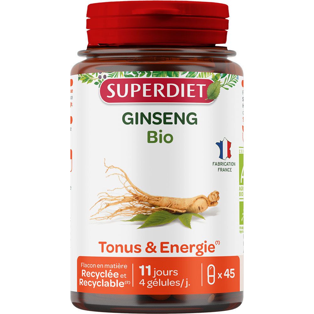 Flacon marron, bouchon rouge. SUPER DIET Ginseng Bio, 45 gélules. Fabriqué en France. Tonus & Energie. Flacon recyclable.