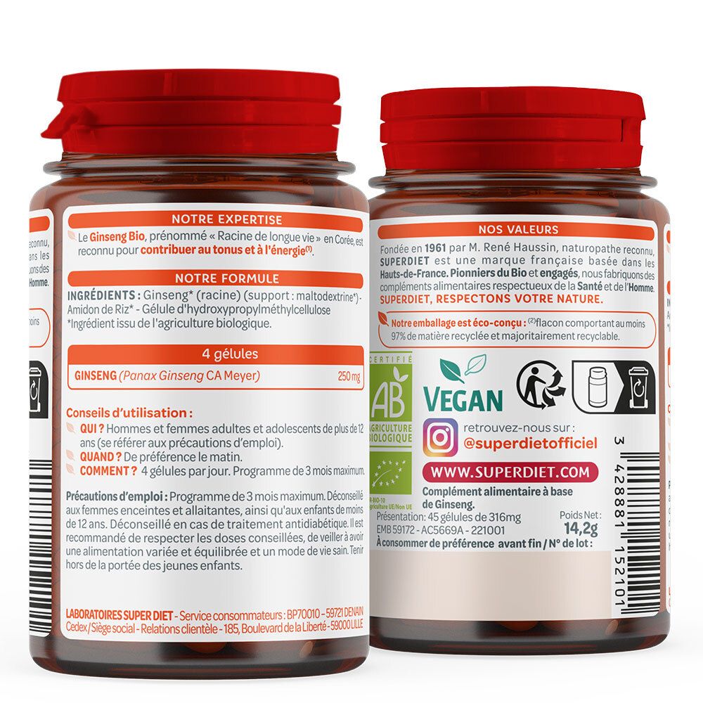 Dos du flacon. Ingrédients, conseils d'utilisation, labels AB Bio, Vegan, adresse web. 45 gélules, 14,2g. Fabriqué en France.